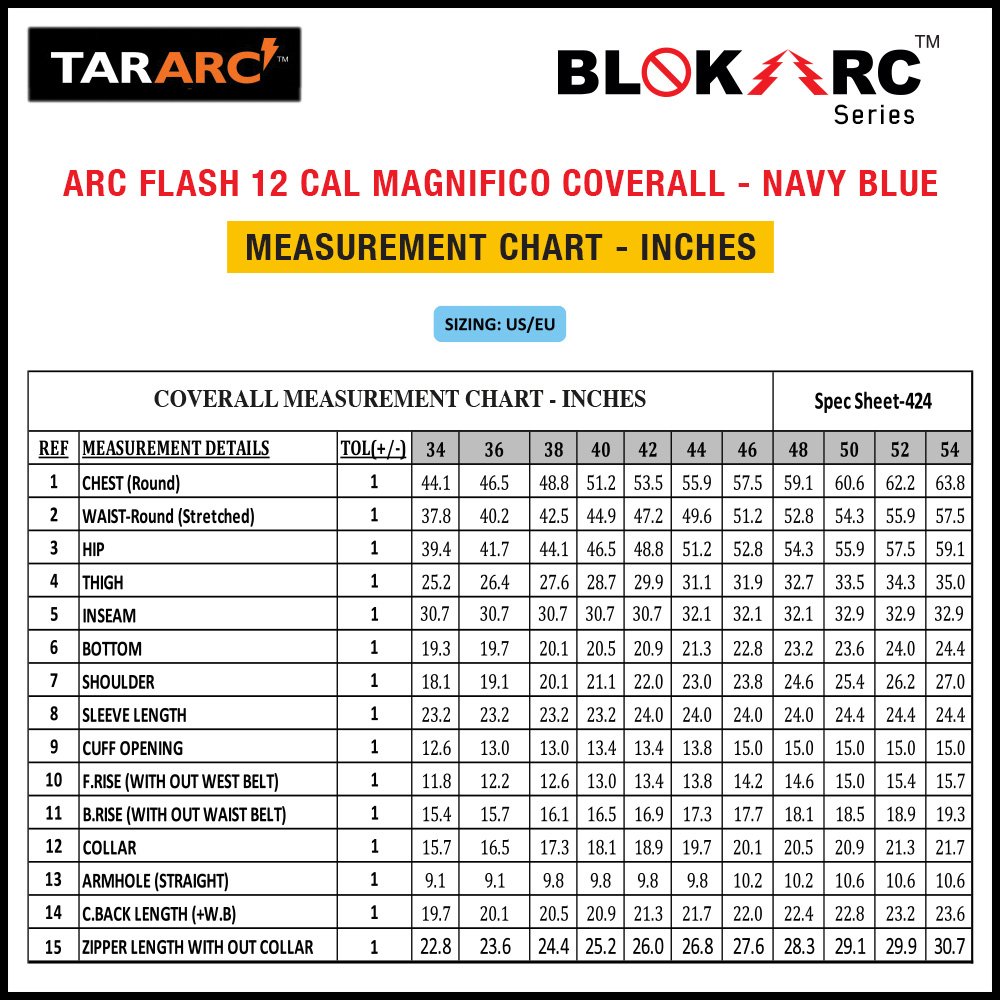 TARARC_MAGNIFICO_BLOKARC_SERIES_ARC_FLASH_12_CAL_COVERALL_MEASUREMENT_CHART_INCHES